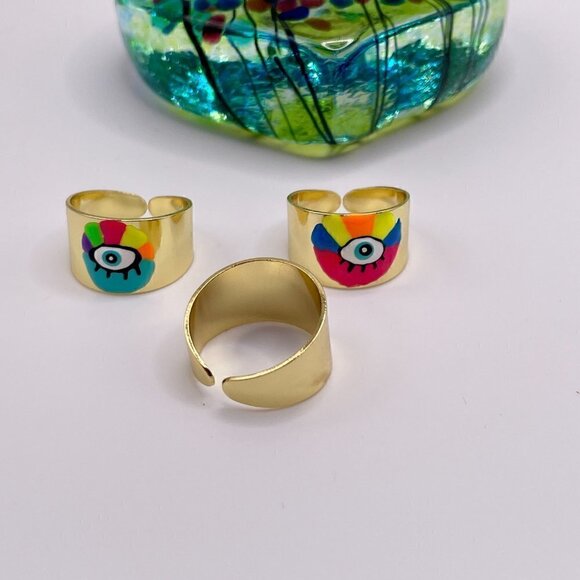 Boho Evil Eye Enamel and Copper Adjustable Ring #1300 NEON GREEN - Picture 5 of 14